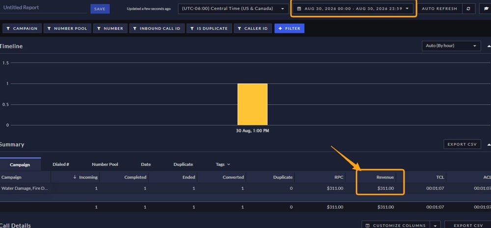Ringba report confirming $311.00 revenue on August 30, 2026