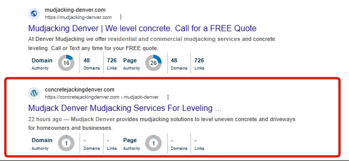 Google results showing a 22-hour-old site ranking #2 for mudjack denver